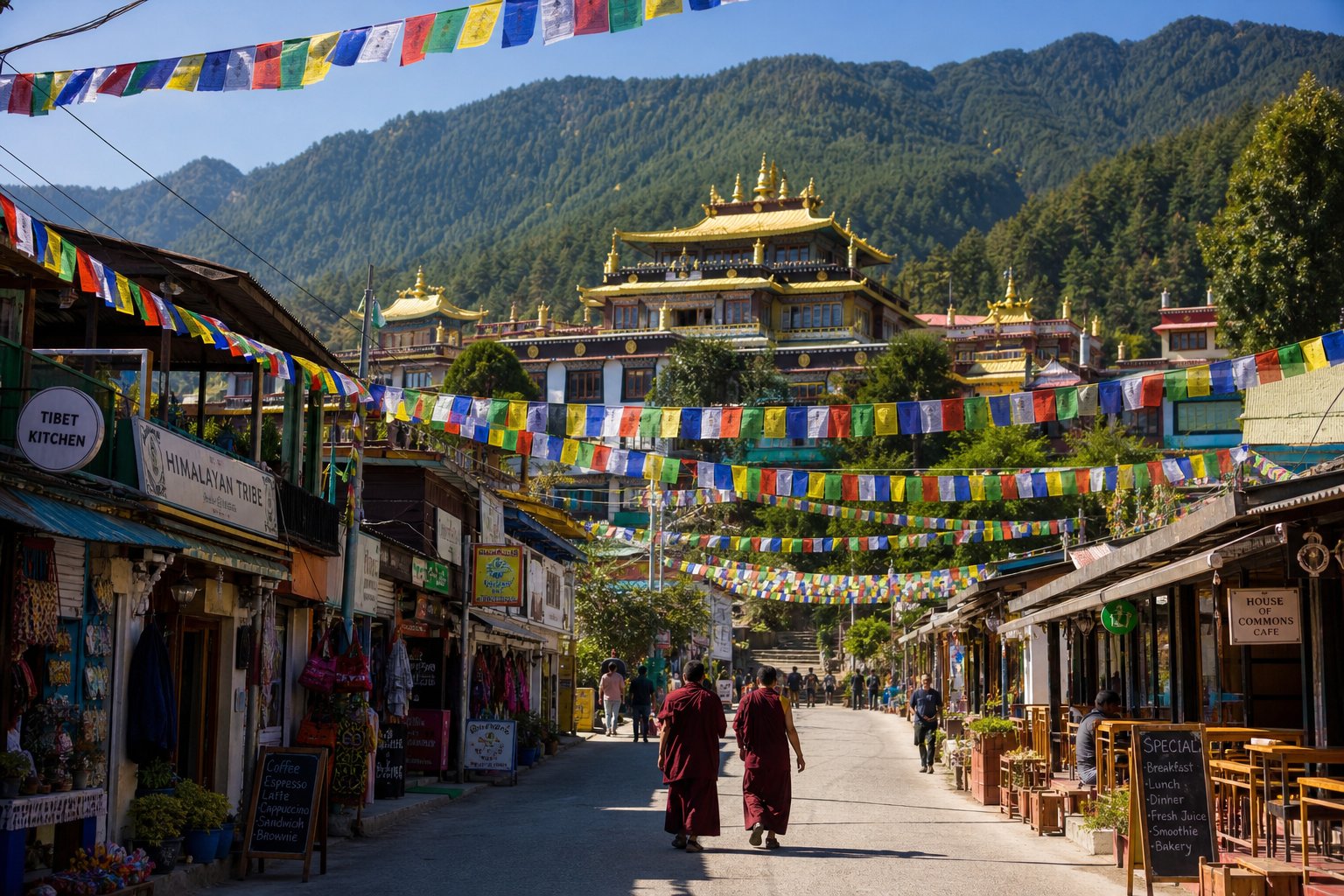 Dalai Lama Temple and McLeod Ganj market street